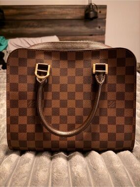Louis Vuitton Brown Checkered Satchel with Gold Hardware